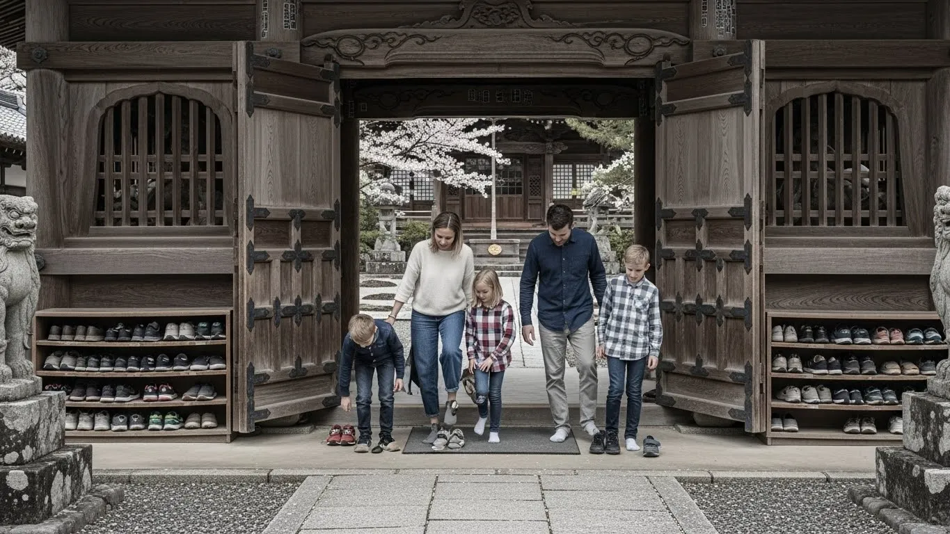Family putting on shoes at a traditional Japanese temple entrance with shoe racks.