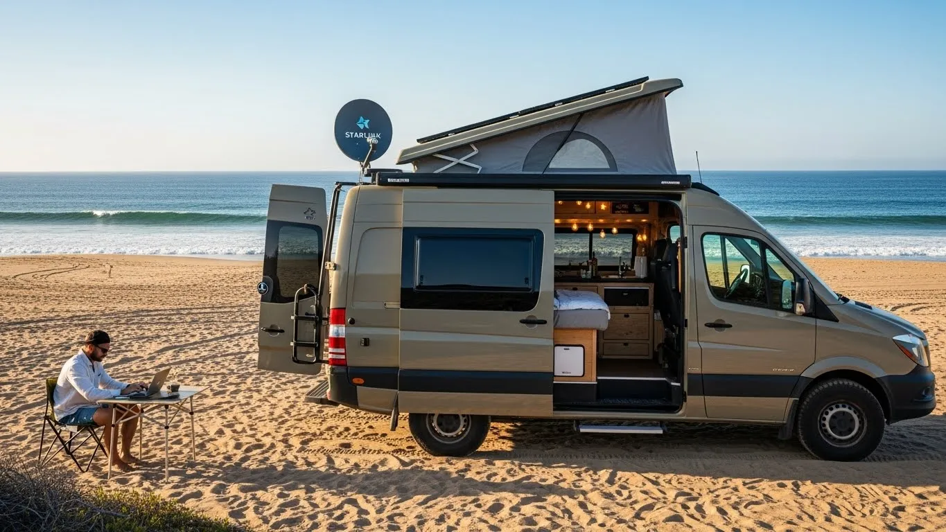 Camper van with pop-up roof and Starlink dish parked on a sandy beach.