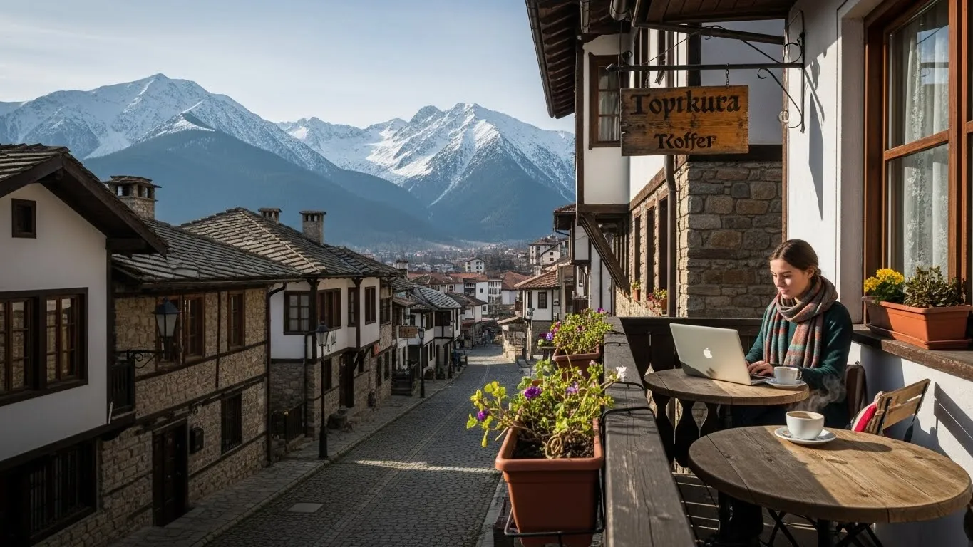 Digital nomad working on a balcony overlooking a scenic mountain village.