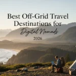 Digital nomad working off-grid with Starlink and solar panels overlooking a coastal landscape.