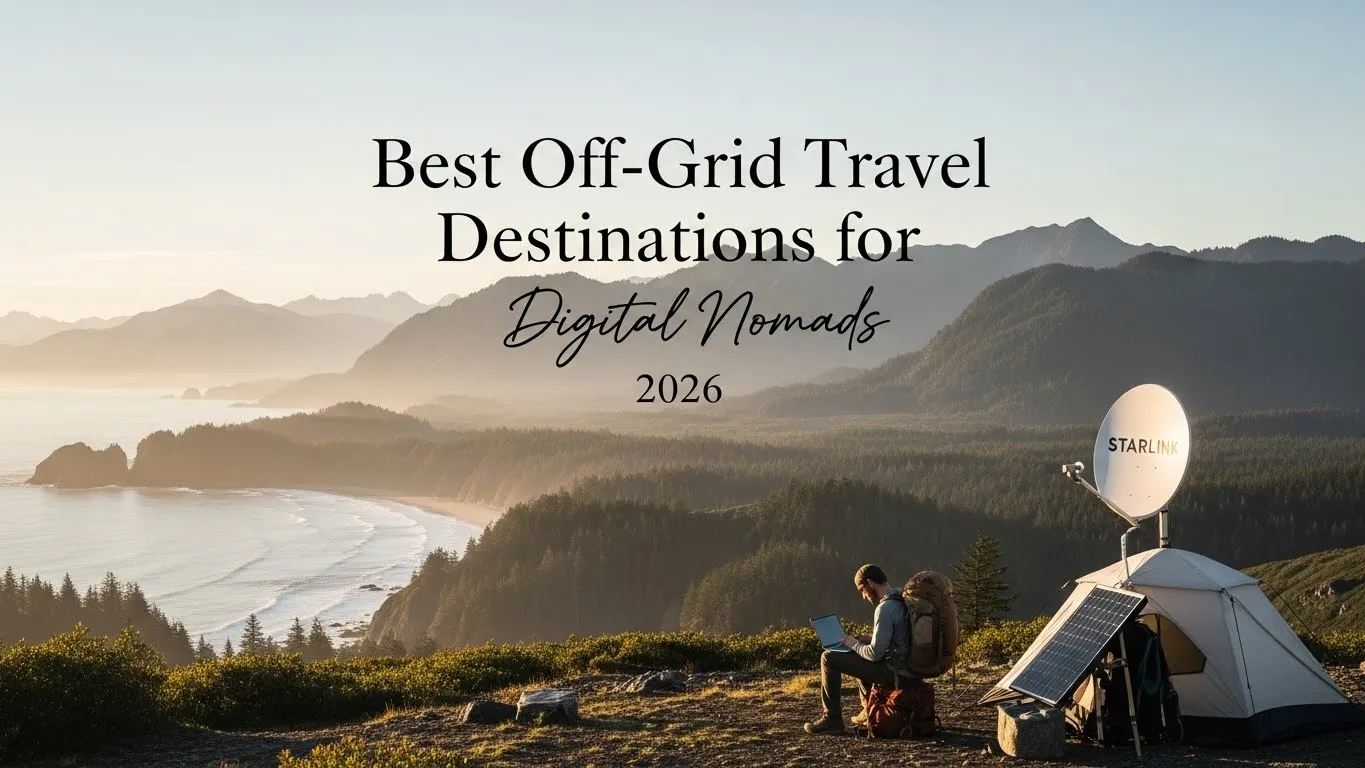 Digital nomad working off-grid with Starlink and solar panels overlooking a coastal landscape.