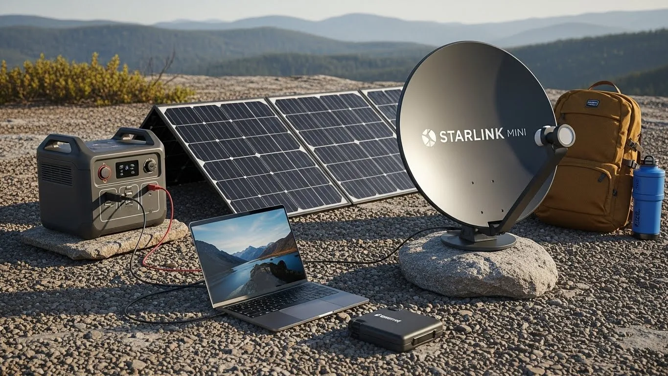 Starlink Mini satellite dish with solar panels and portable power station in remote landscape.