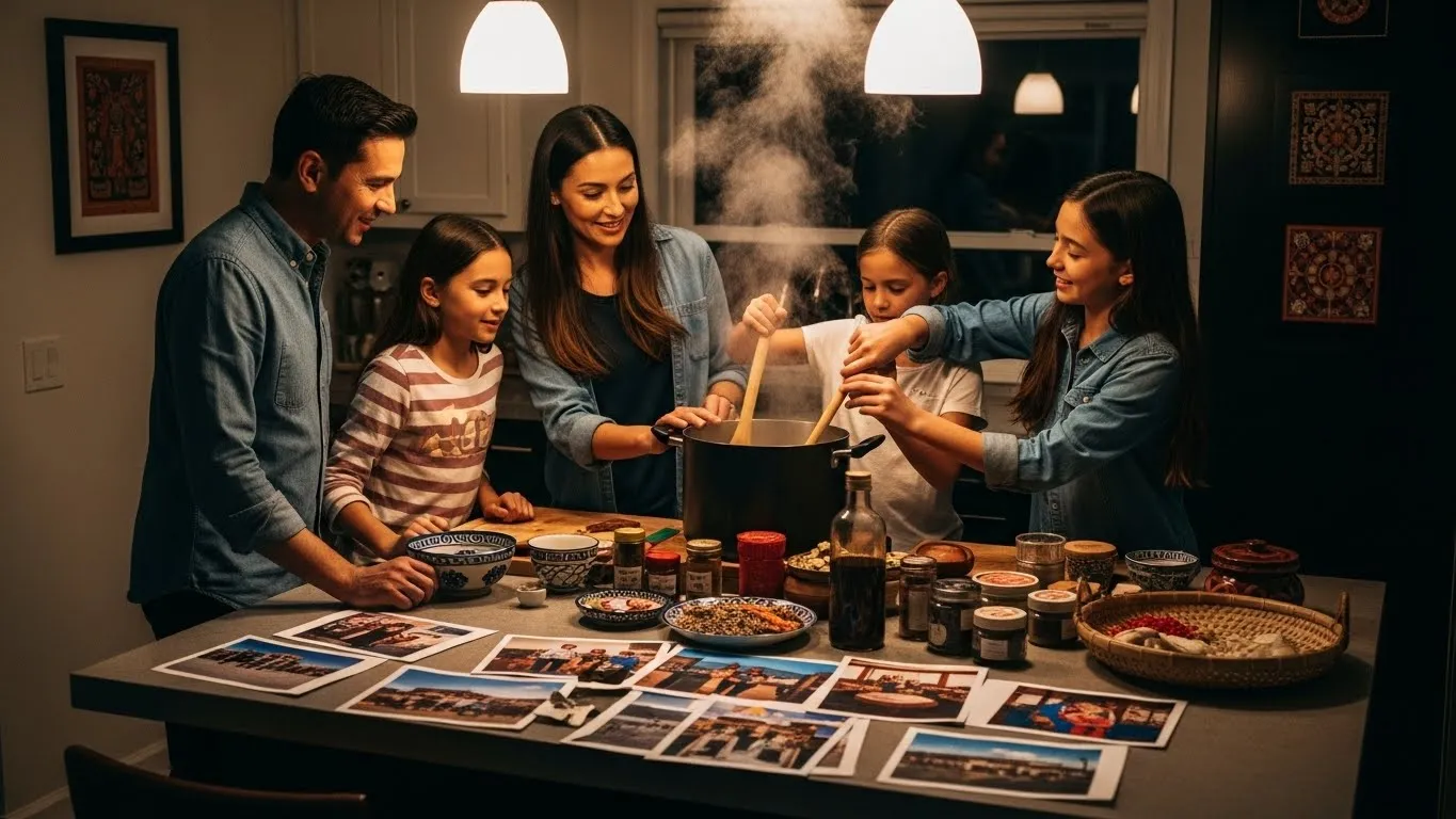 A happy family cooking together around a steaming pot in a kitchen.