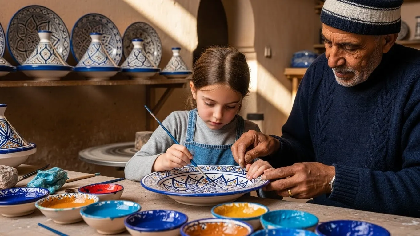 Older man and young girl painting traditional Moroccan pottery in a workshop.