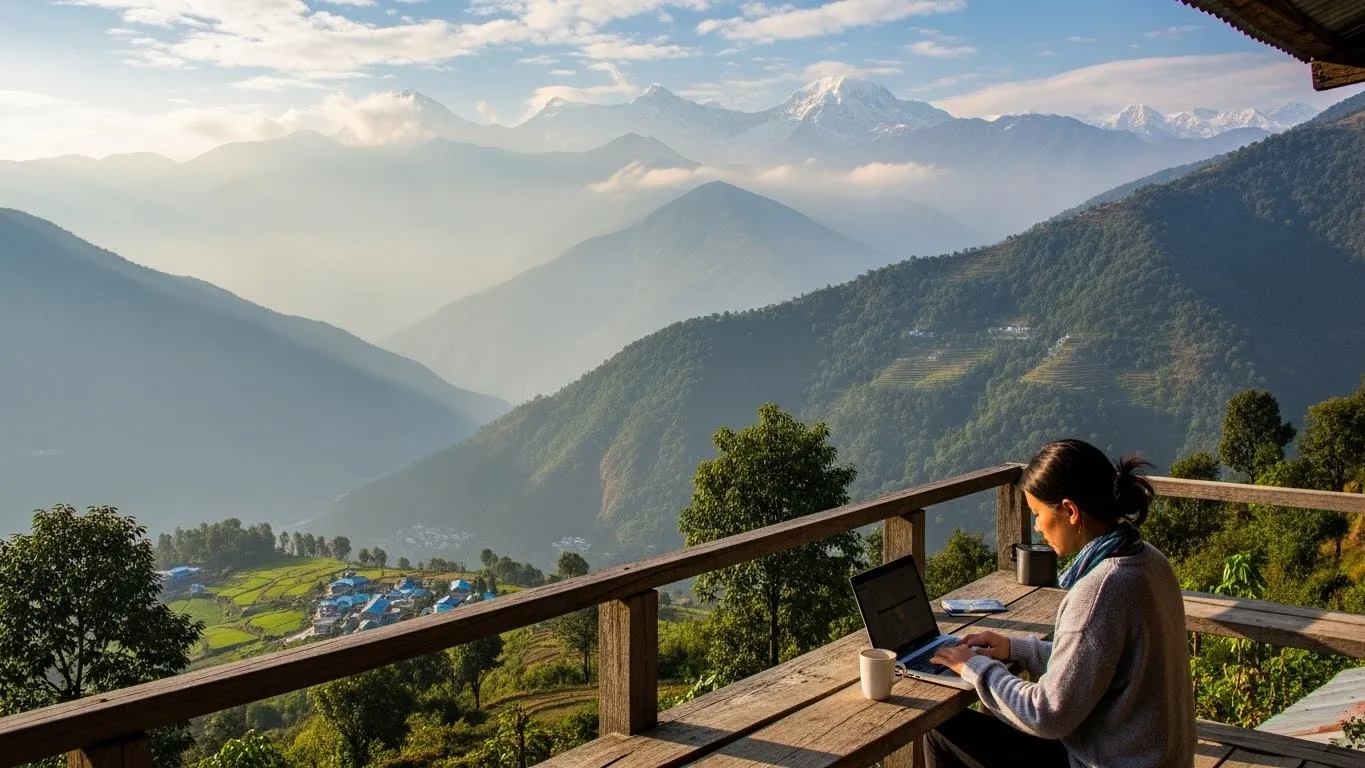 Woman working on a laptop on a wooden balcony overlooking scenic mountain peaks.