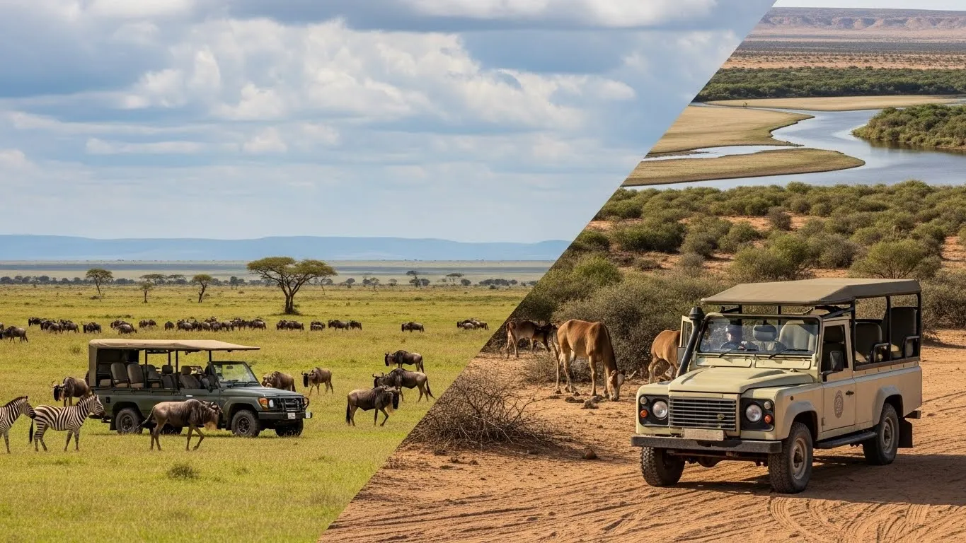 Safari vehicles and wildlife in lush green savanna and arid desert African landscapes.