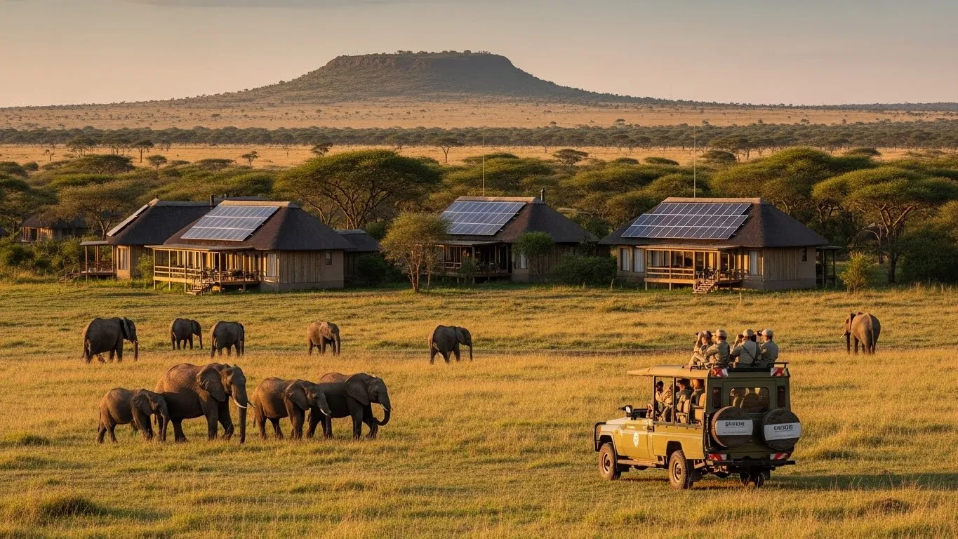 Elephants and tourists at a solar-powered safari lodge in the African savanna.