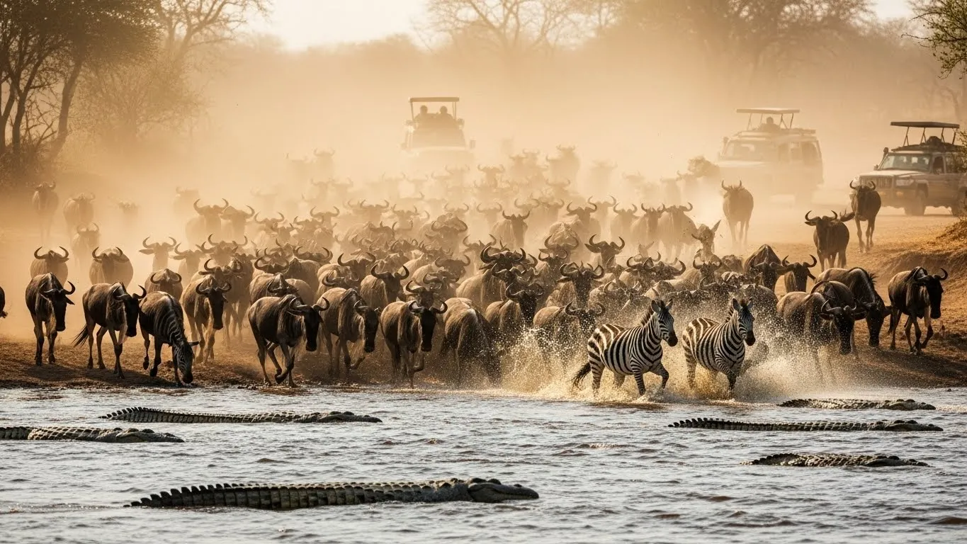 Wildebeest and zebras crossing a river with crocodiles during the Great Migration.
