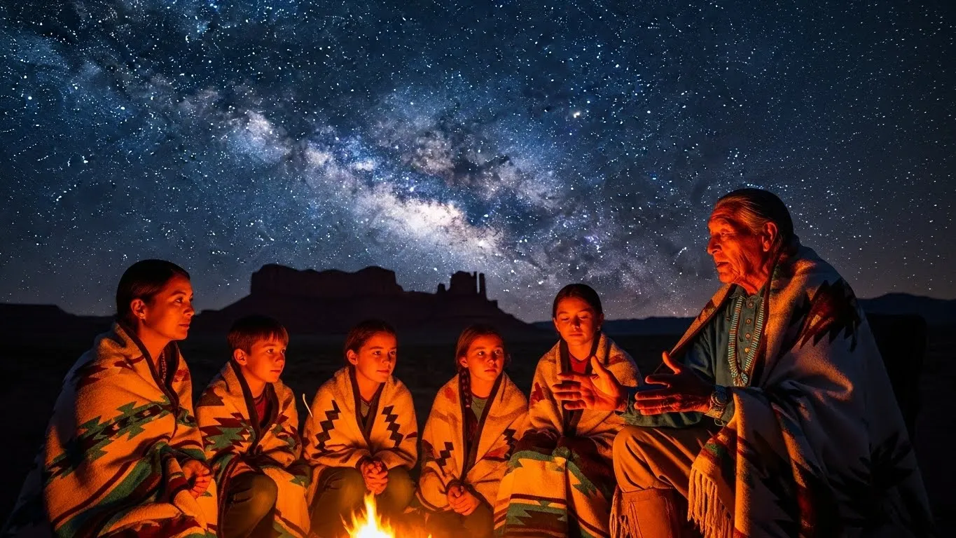 Indigenous elder sharing stories with children around a campfire under the Milky Way.