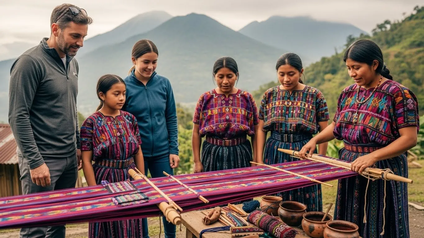 Indigenous women demonstrating traditional backstrap weaving to visitors in a mountain landscape.