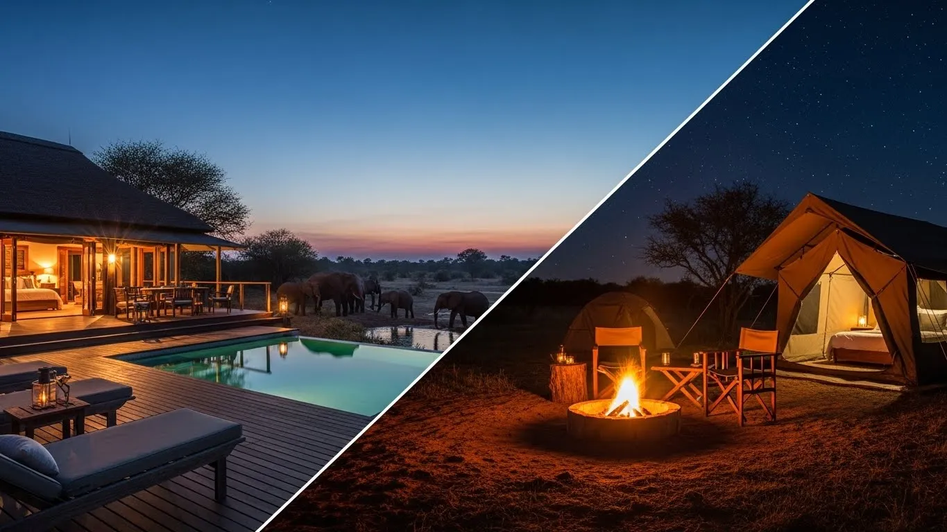 Luxury safari lodge at sunset and glamping tent under starry night sky.