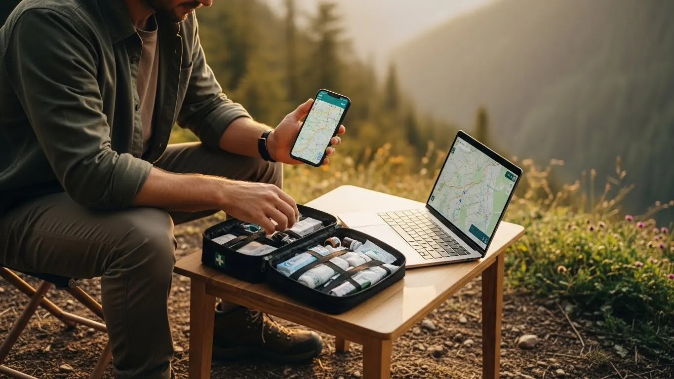 Man using digital maps on phone and laptop beside a first-aid kit outdoors.