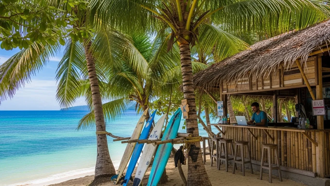 Digital nomad working on a laptop at a tropical beach bar with surfboards.