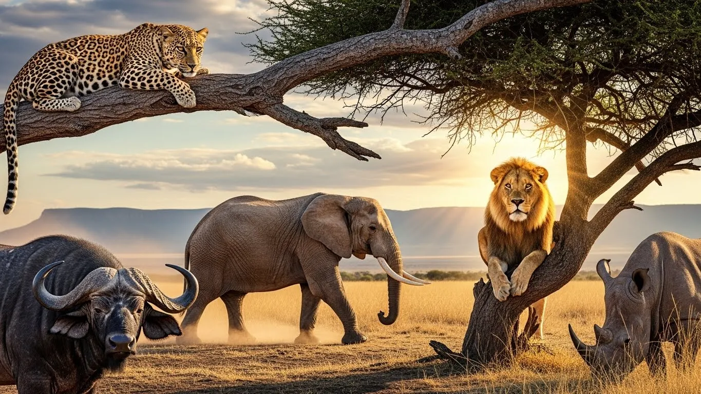 African Big Five animals: leopard, lion, elephant, buffalo, and rhino in the savannah.
