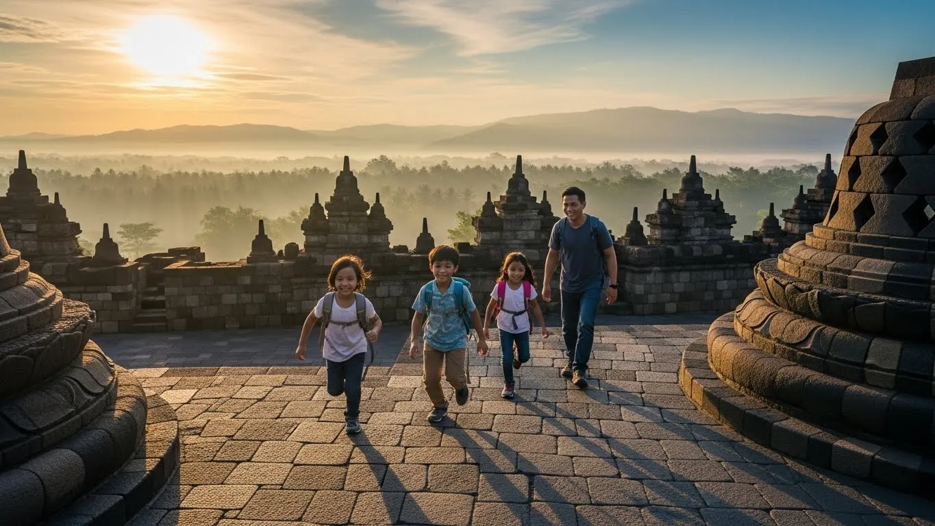 A family exploring the Borobudur Temple during a misty sunrise in Indonesia.