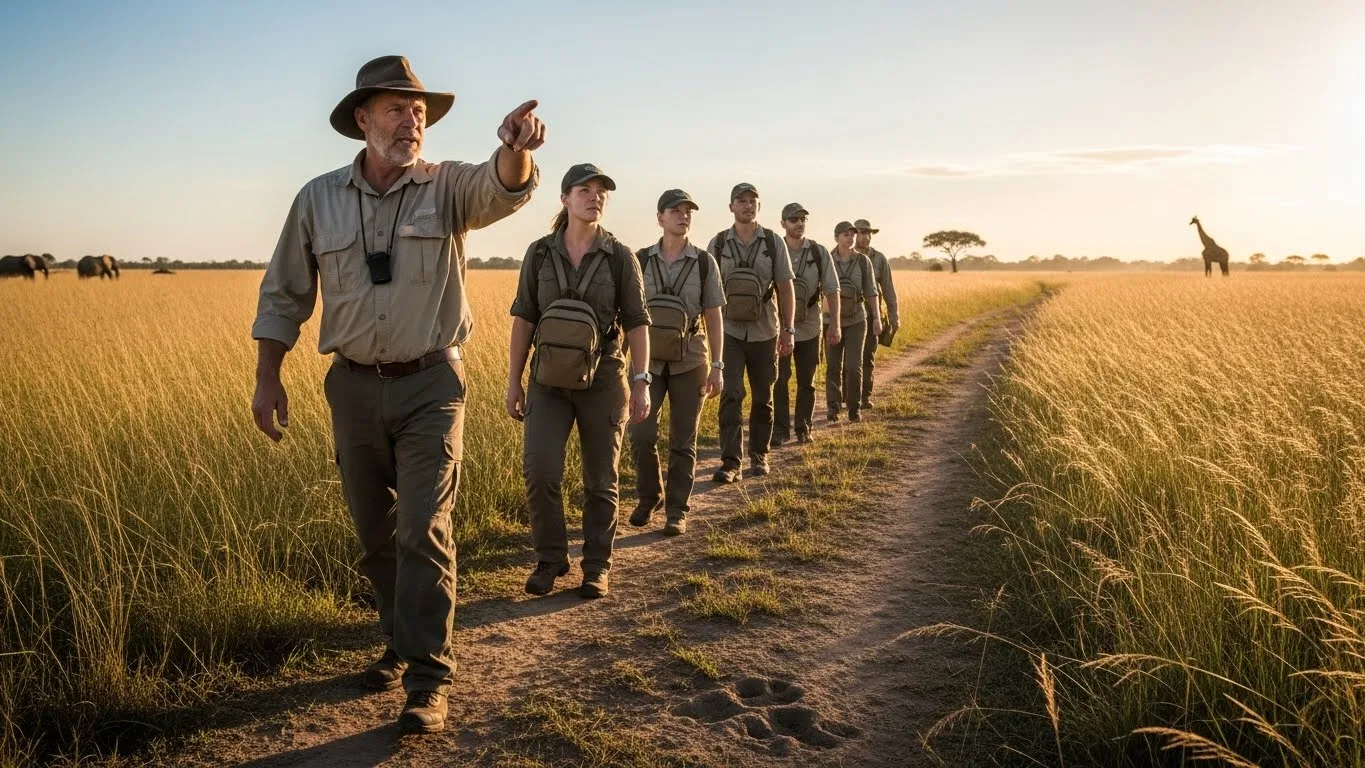 Safari guide leading a group on a walking tour through the African savanna.