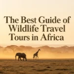 Elephant and giraffe walking on the African savanna during a golden hour safari.