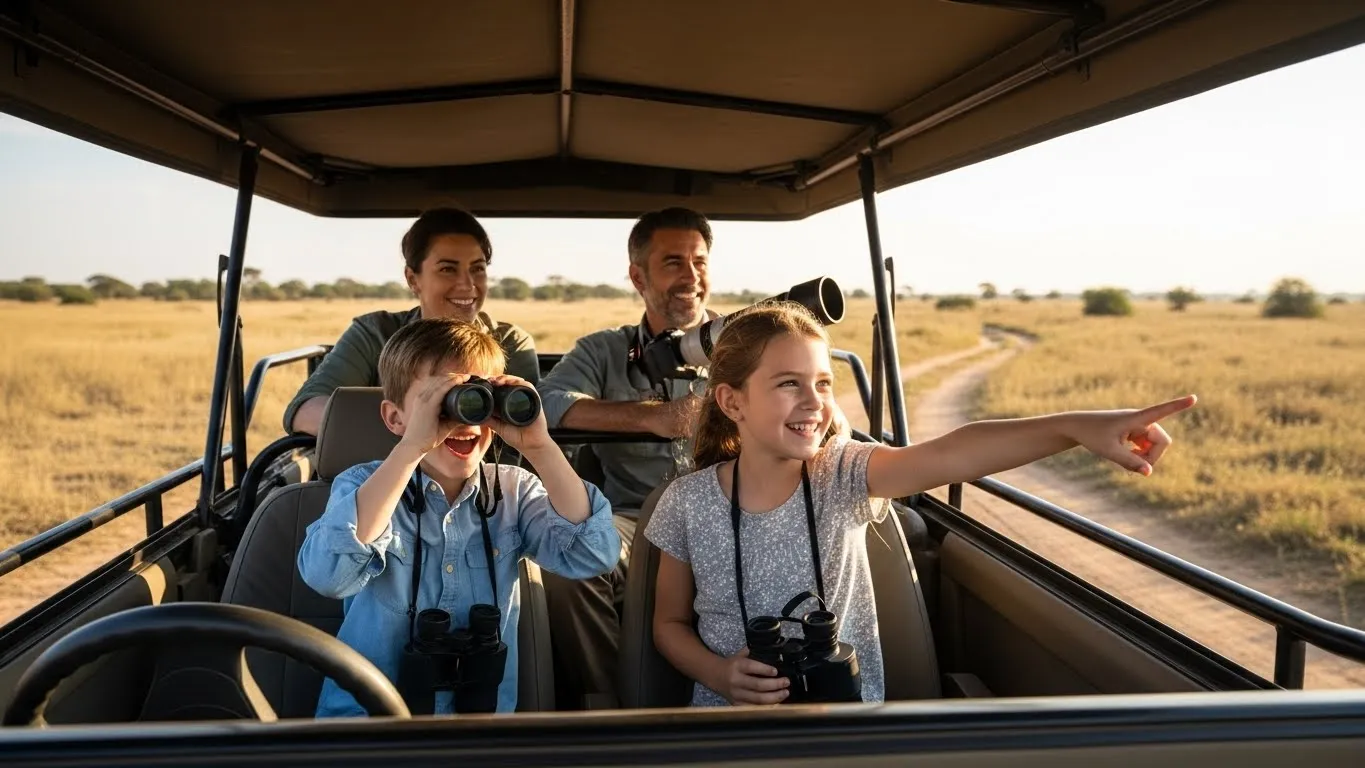 Family on a safari tour in an open-air vehicle exploring the savanna landscape.